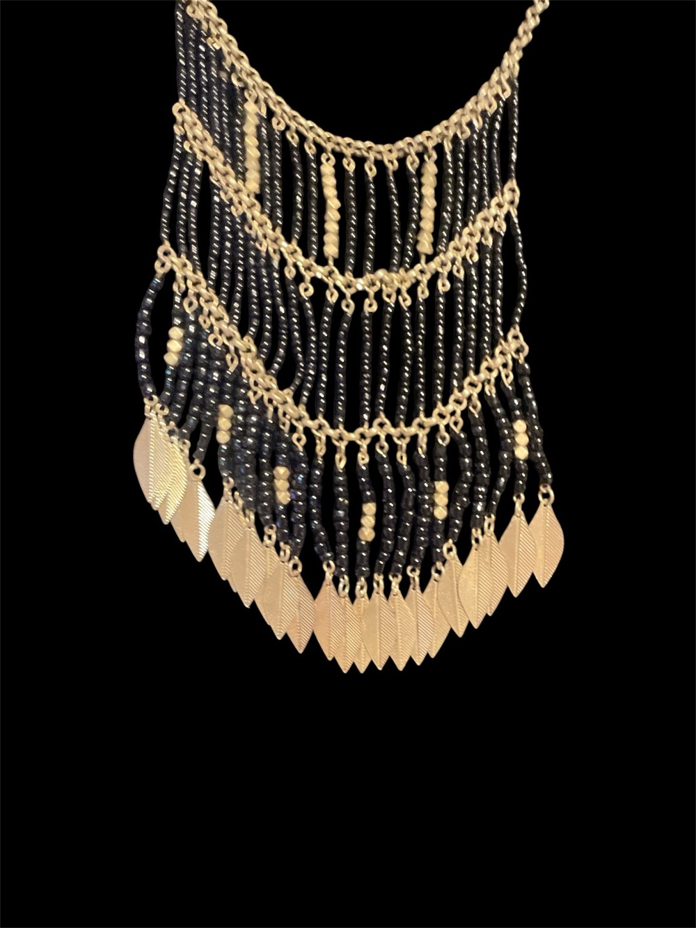 Gold & Black Beaded Fringe Statement Necklace